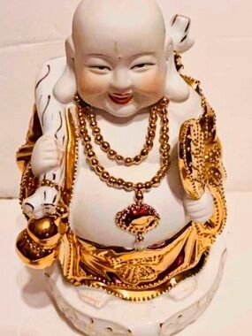 Porcelain Laughing Buddha Figurine with Gold Accents